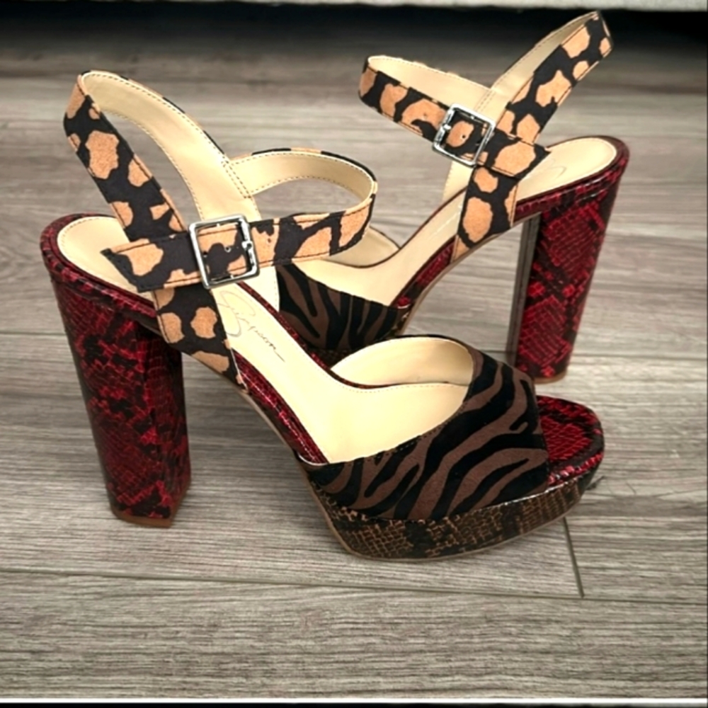 Jessica Simpson Animal Print Platform Sandals in Black, Tan & Red
